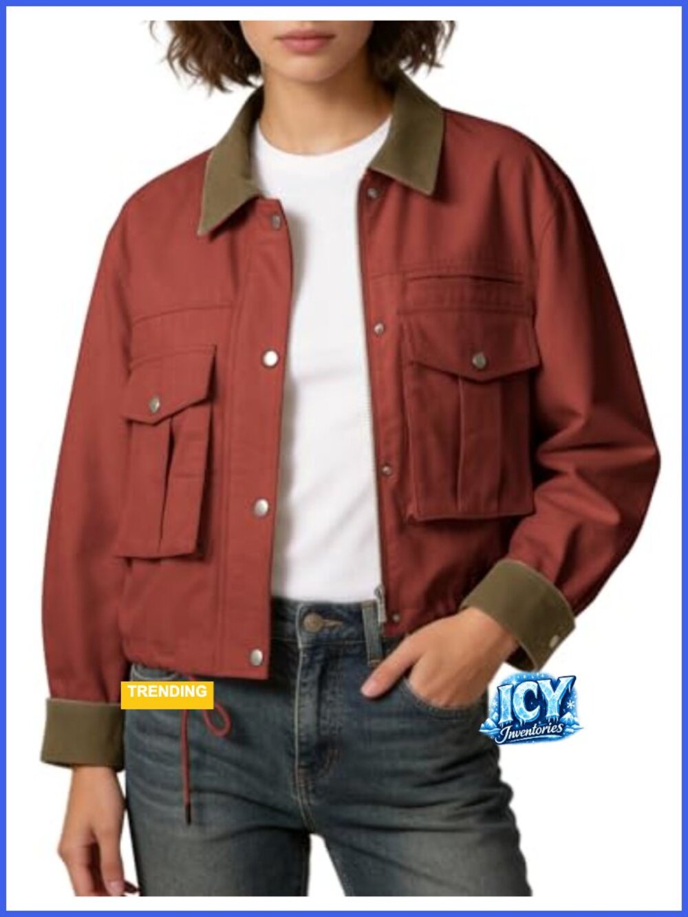 100% Cotton Cropped Casual Jacket Contrast Collar Cargo Barn Coat